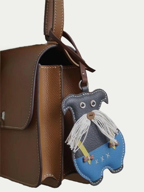 Handmade French Sheepskin Schnauzer Overalls Dog Bag Charm Blue
