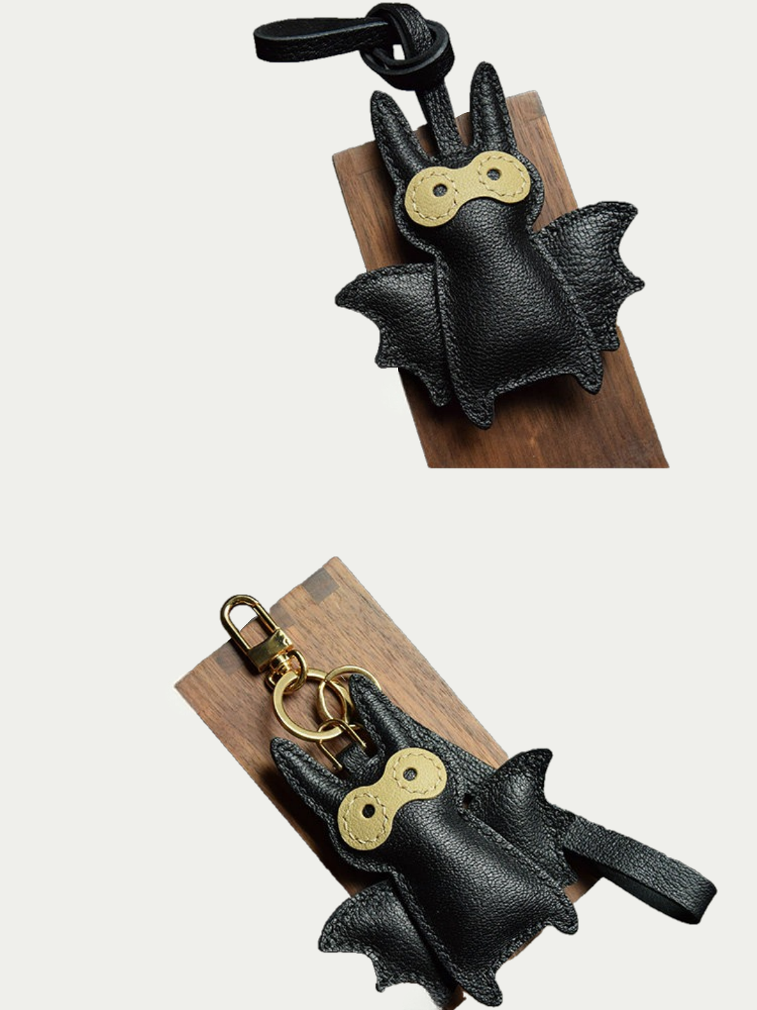 Close-up detail of the handmade bat charm showing the fine craftsmanship