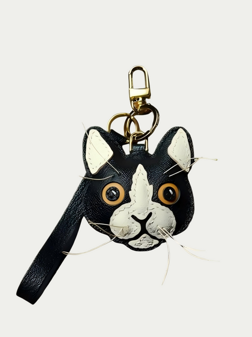 Grey handmade French lambskin cat bag charm front view Rainbow Zoo

