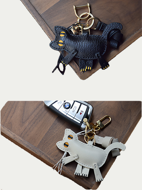 Genuine French Sheepskin Artisan Handmade Cat Bag Pendant Charm
