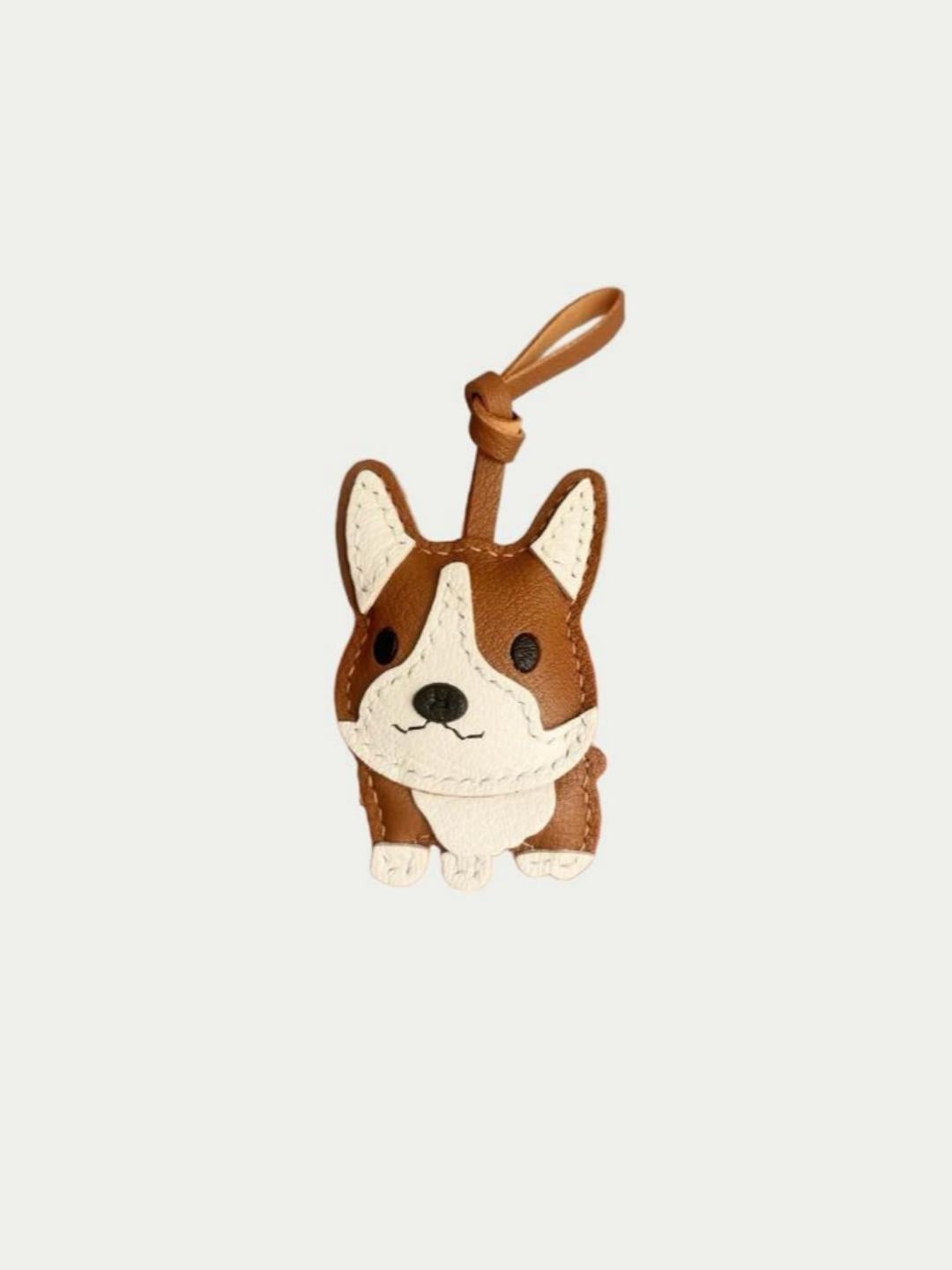 Handmade French sheep leather corgi dog charm on brown leather bag