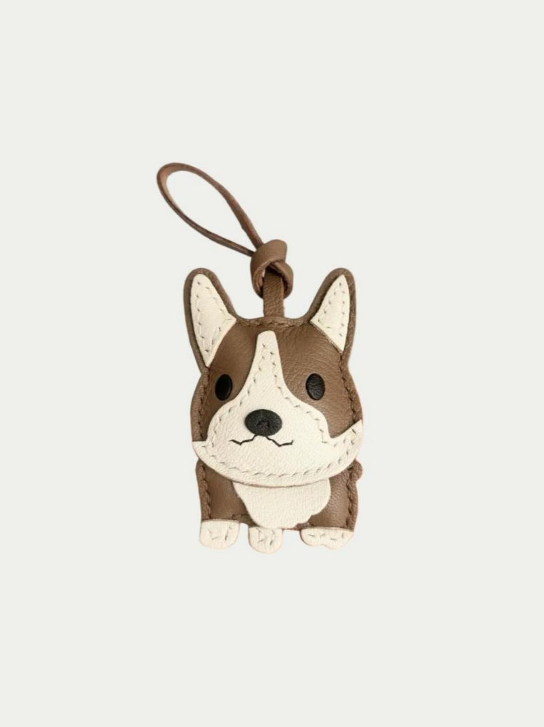 Handmade French sheep leather corgi dog charm on brown leather bag