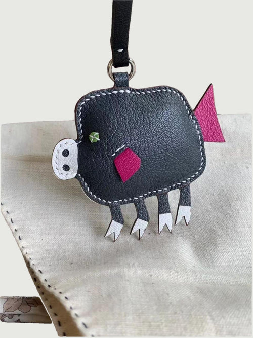 Handmade French Sheepskin Pig Bag Charm White
