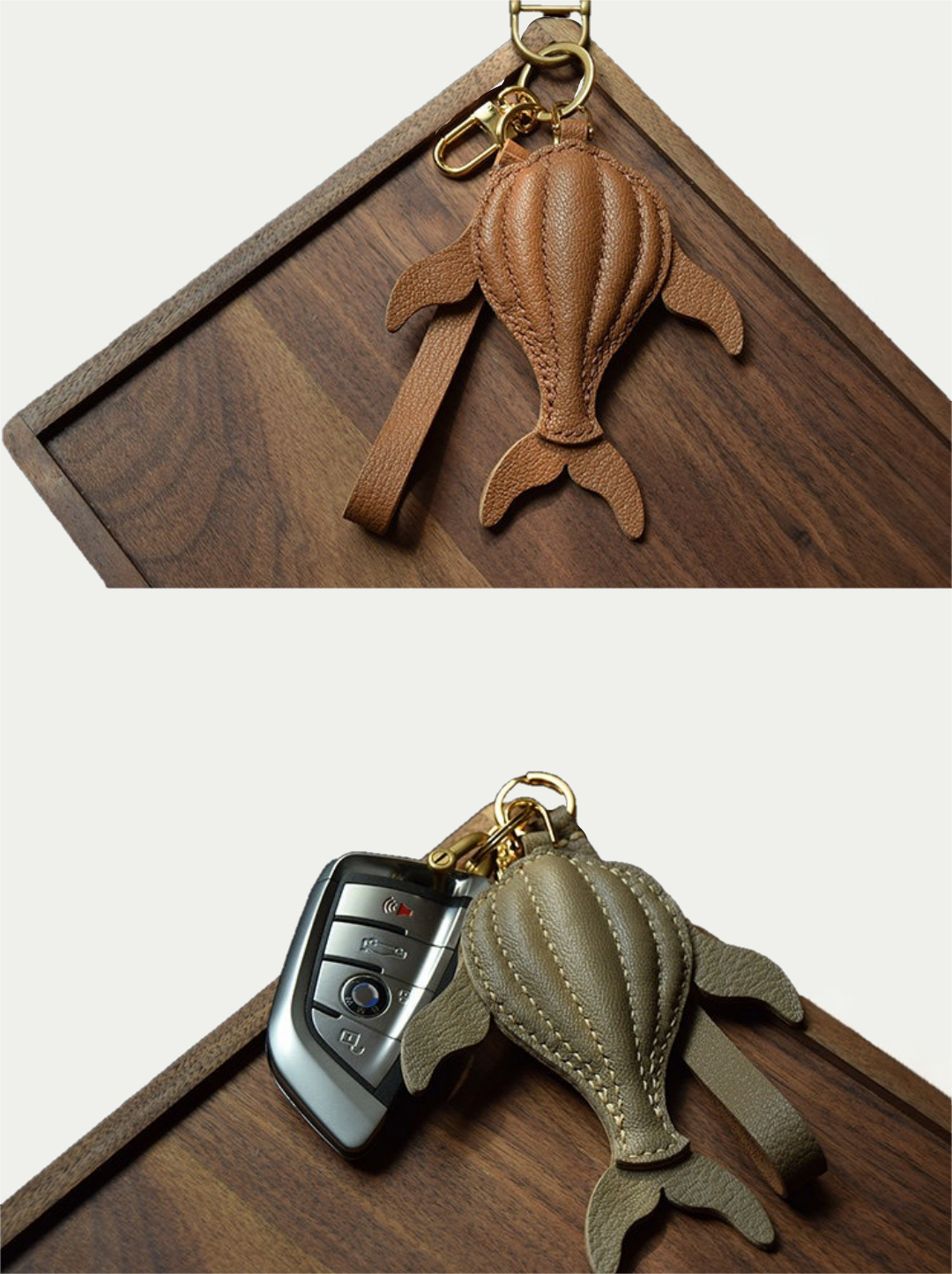 Ocean brown whale leather charm hanging from a cream handbag
