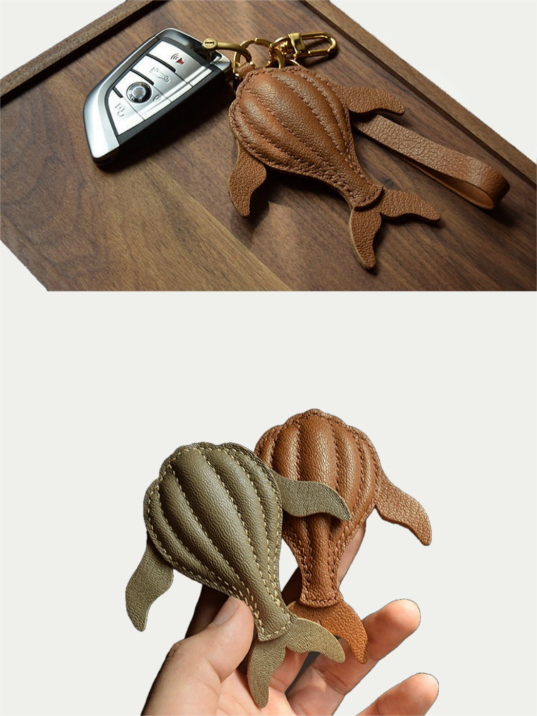Ocean brown whale leather charm hanging from a cream handbag
