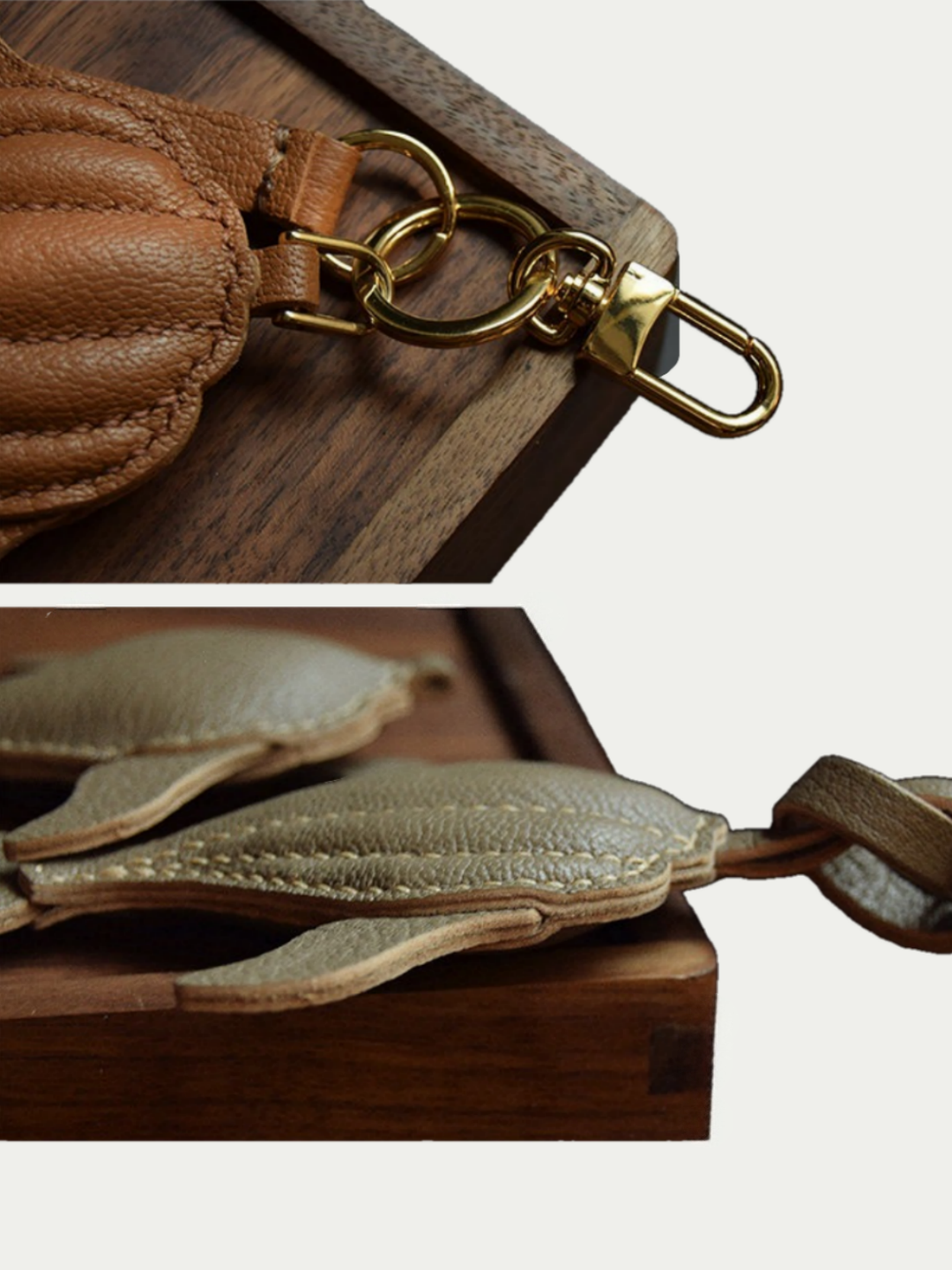 Ocean brown whale leather charm hanging from a cream handbag
