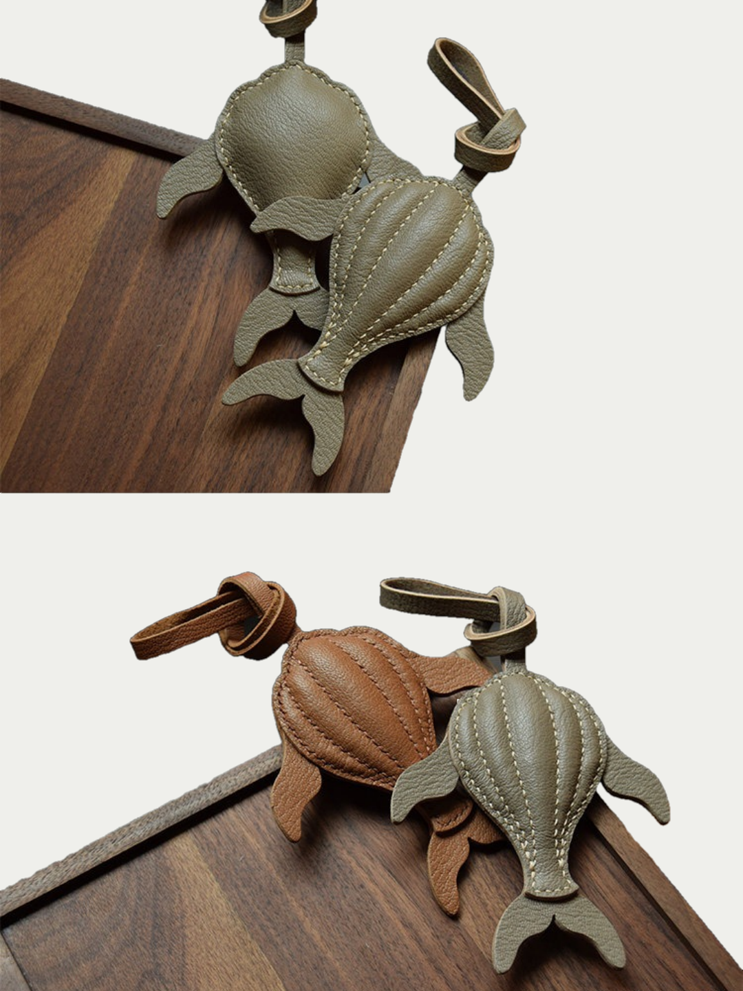 Ocean brown whale leather charm hanging from a cream handbag
